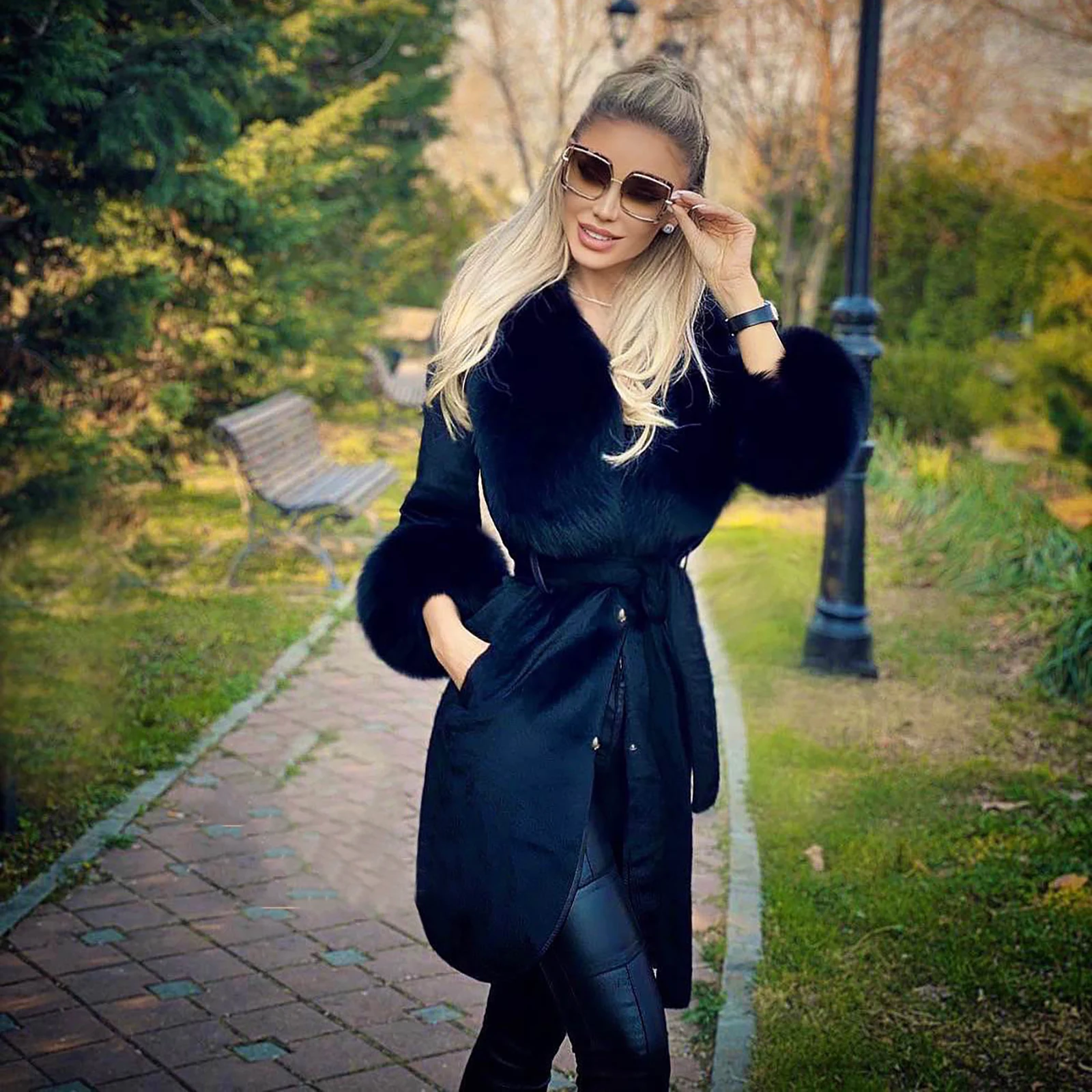 Women Black Wool Blends Coats with Fox Fur Turn-down Collar Luxury Women High Quality Genuine Fox Fur Cashmere Overcoats Luxury