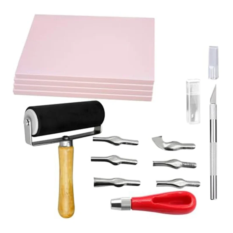 

P4-4-Pack Резиновый блок для гравировки штампов с режущим инструментом и резиновым валиком для печати, печати и других поделок Прочный