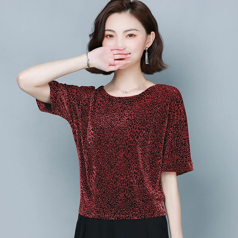 New Summer Women Shirts Fashion 2024 Women\'s Elegant Shine Glitter Tops Short Sleeve Blouse Shiny Sequin Casual Clothes 9197