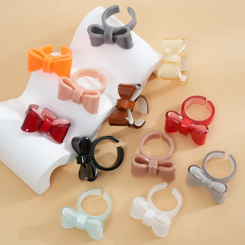 

New Sweet Colorful Acrylic Resin Hollow Bowknot Open On Finger Ring for Women Girls Fashion Aesthetic Y2K Jewelry Accessories