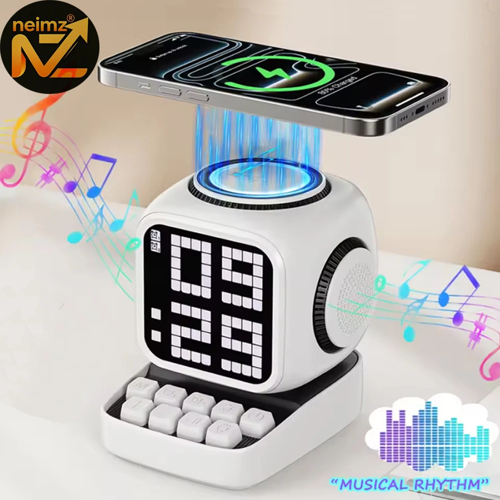 Cute Robot Style Alarm Clock with Bluetooth Speaker 15W Wireless Charging and Sleep Aid White Noise Function Desktop Decoration