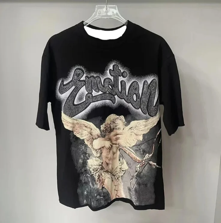 جديد الصيف رسالة حجر الراين قصيرة الأكمام الأسود تي شيرت رجالي الشارع الشهير فضفاض طاقم الرقبة الأعلى ثلاثية الأبعاد تي شيرت مطبوع للجنسين تي شيرت #1