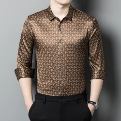 Wash And Wear Luxury Silk Dress Men Shirt Long Sleeve Print Brown Spring New Fashion Smooth Comfortable Quality Camisa Masculina