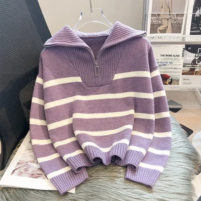 Women Jumper Striped Polo Collar Sweaters Spliced Zipper Pullovers Long Sleeve Knitting Jumpers Casual Loose 2024 Summer