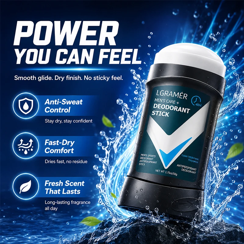 LGRAMER Men Solid Deodorant Stick 48‑Hour Long Lasting Fragrance Anti Sweat Body Odor Control Portable Underarm Care for Male