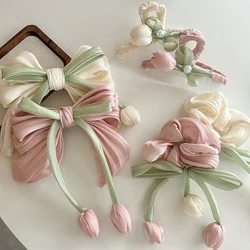 Fashion Sweet Tulip Ribbon Hair Ring For Women Girls Cute Elegant Bowknot Hairs Clip Exquisite Tassels Hair Accessories Gifts