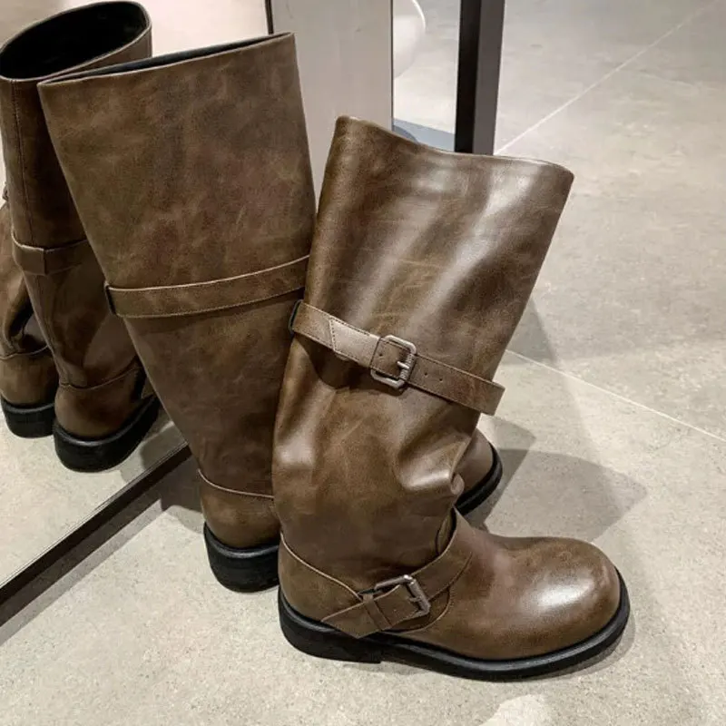 

Женские сапоги до колена с двойным синим каблуком, универсальные высокие сапоги до середины икры, корейские резиновые подошвы с круглым носком