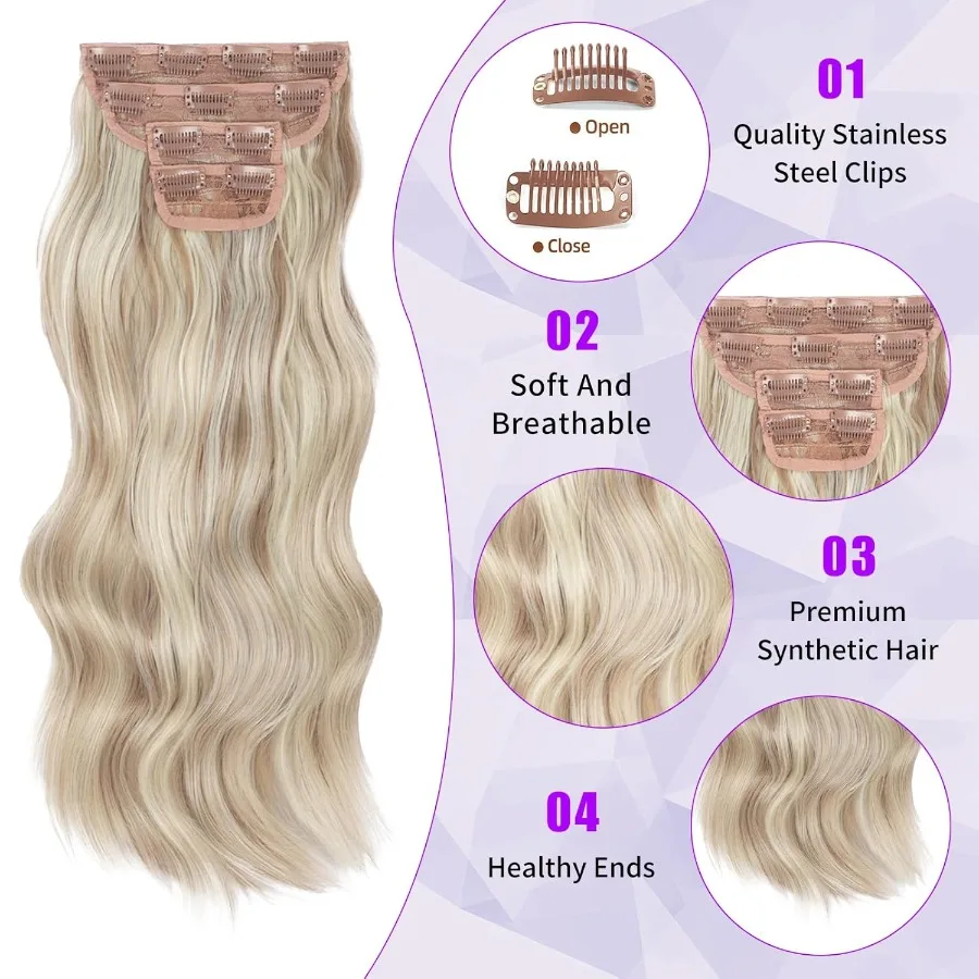 وصلات شعر كليبين قوية 20 بوصة أشقر رمادي مختلط التبييض شقراء الاصطناعية قطع الشعر للنساء 4 قطعة طويلة متموجة لينة هاي