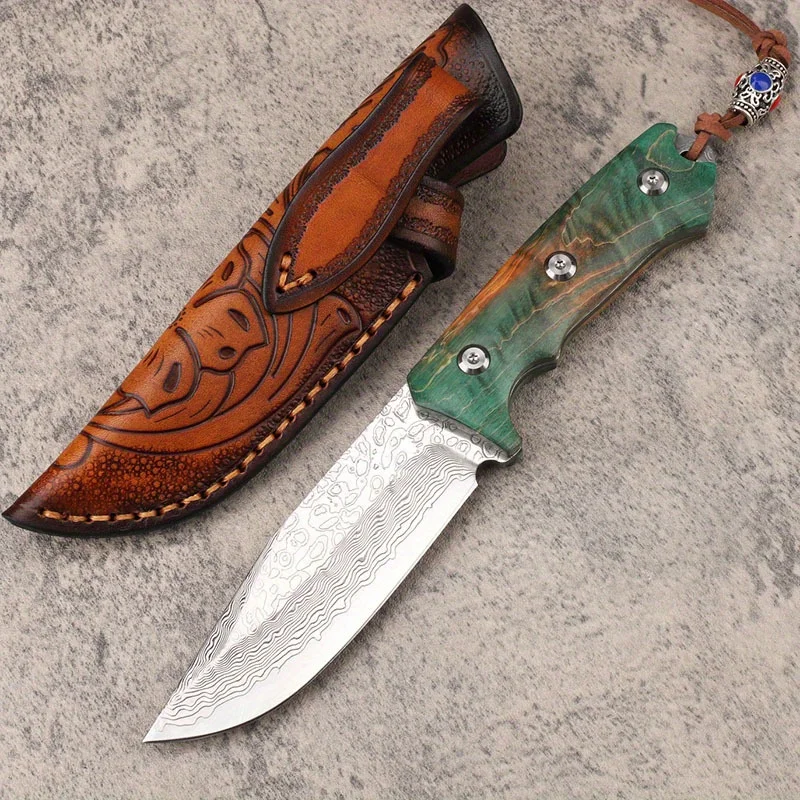 

Новый нож из дамасской стали с фиксированным клинком, устойчивой деревянной рукоятью, портативный EDC-инструмент для кемпинга, идеально подходит для разделки мяса и снятия шкур.