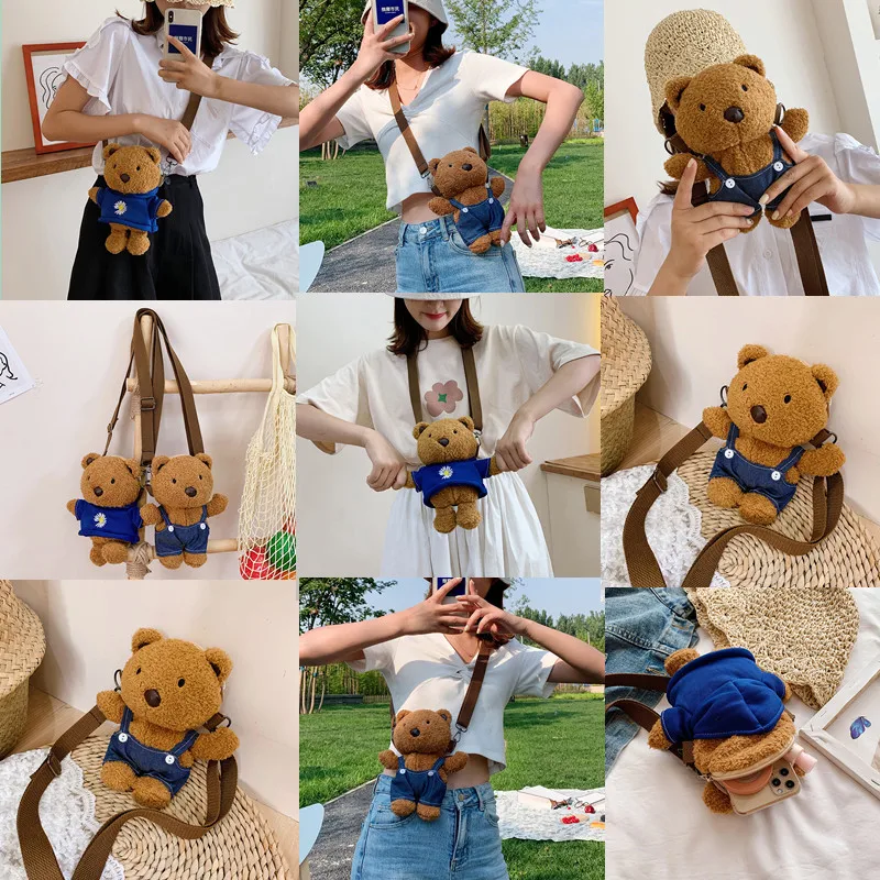 Cute Bear Plush Crossbody Bag Backpacks One Shoulder Diagonal Wallet Stuffed Animals Toy Coin Purse Kids Birthday Gift New