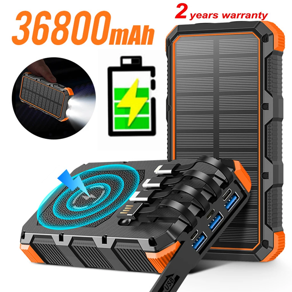 

Newest Smart 36800mAh Solar Power Bank with 4 Cables Wireless Charger Powerbank For iPhone 16 15 14 Xiaomi Samsung S25 Battery