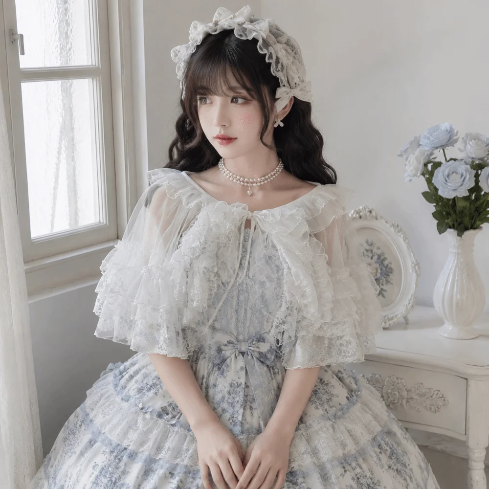 Creative White Black Lolita Short Shawl Ruffles Lace Mesh Lolita Skirt Sheer Cosplay French Style Smock Gothic Girls view 3