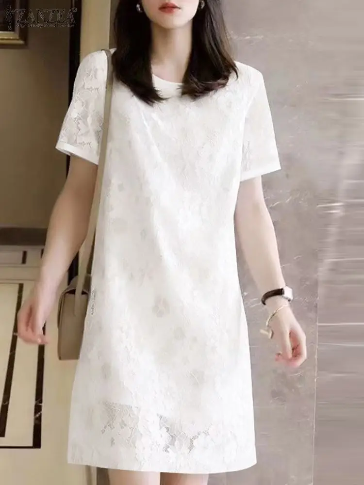 

Women Lace Mini Dress Elegant Korean Short Sleeve Sundress ZANZEA Casual O-neck Basic Vestido 2024 New Slim Straight Splice Robe