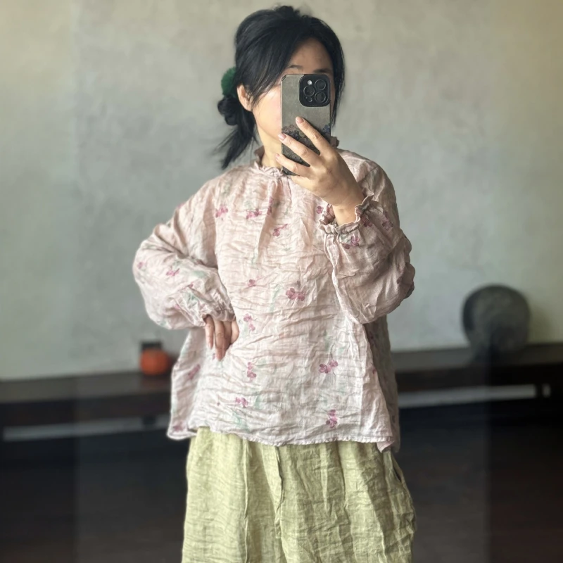 ผู้หญิงVINTAGE Ramieฤดูใบไม้ผลิดอกไม้พิมพ์เสื้อและเสื้อ 2025 ใหม่ 2025 แขนยาวใหม่หลวมเสื้อผ้าผู้หญิงเกาหลีBlusas Mujer