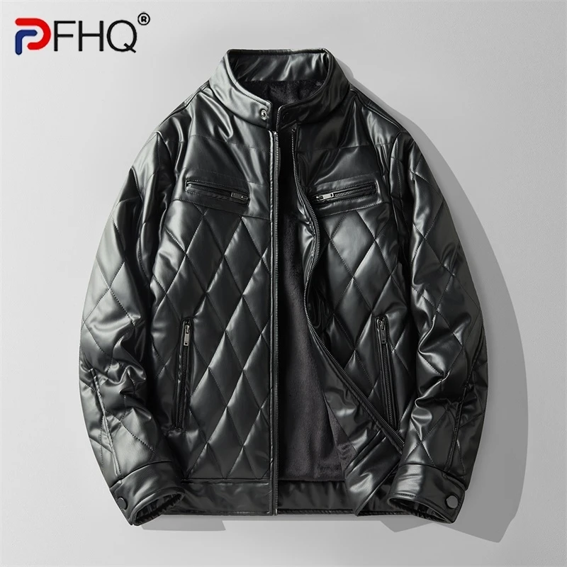 PFHQ Men's Pu Leather Cotton Jacket Winter Thick Korean Fashion Motorcycle 2024 Solid Color Long Sleeve Zipper Tops 21Z7304