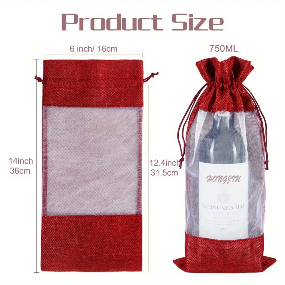 4pcs Wine Bottle Bags 750ml with Sheer Window Organza Hessian Drawstring Gift Bags for Wedding Festival Wine Tasting Party