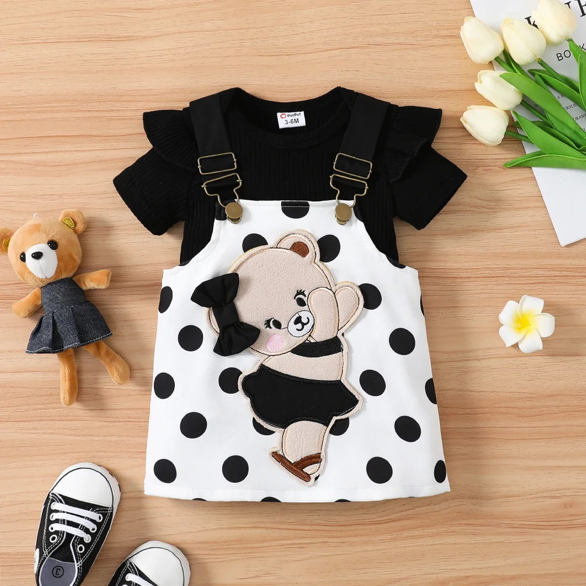 PatPat 2pcs Baby Girl 95% Cotton Ruffle Trim Short-sleeve Romper and Bear Graphic Polka Dots Overall Dress Set