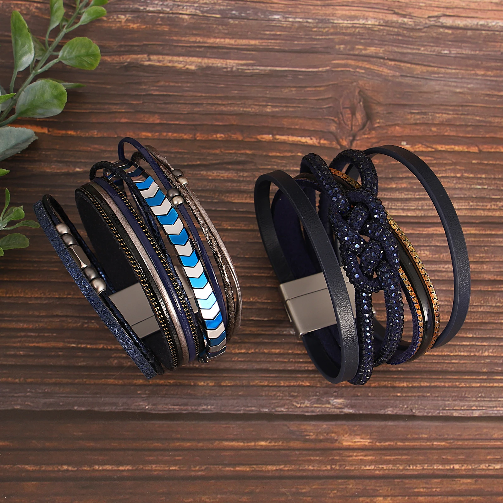 Amorcome Elegant Metal Bead Woven Leather Bracelet for Women Multilayer Rope Chain Blue Bracelet Bangle Daily Hand Jewelry