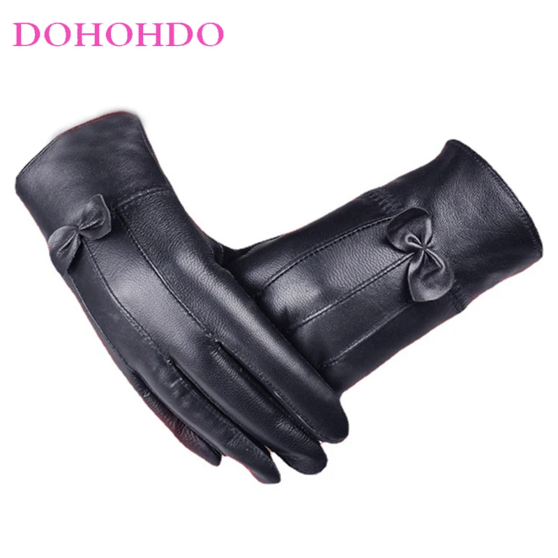 

Black Gloves Men And Women In Autumn And Winter Sheepskin Warm Thick Bow Design Windproof Waterproof Motorcycle Gloves Guantes