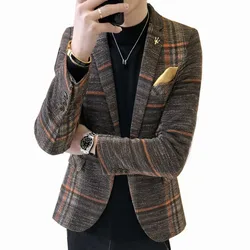 2023 New Arrival Brand Clothing Spring Suit Jacket Men Plaid Fashion Slim Male Suits Casual Blazers Dress Coat