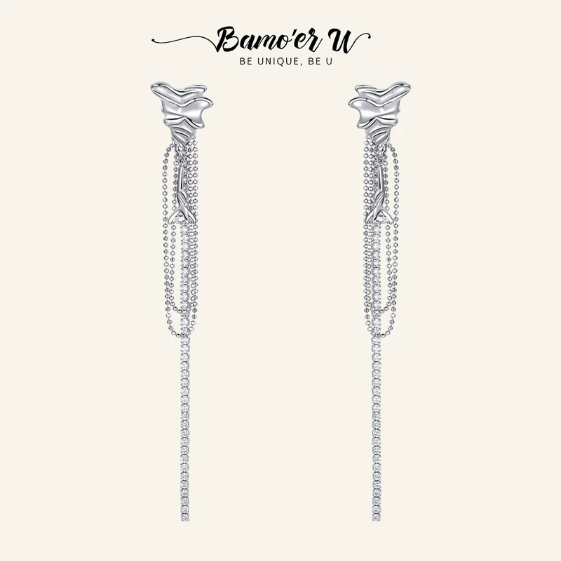 BAMOER U Ocean Series 925 Sterling Silver Long Multi Layer Tassel Stud Earrings For Women European Creative Studs Wedding  Gift