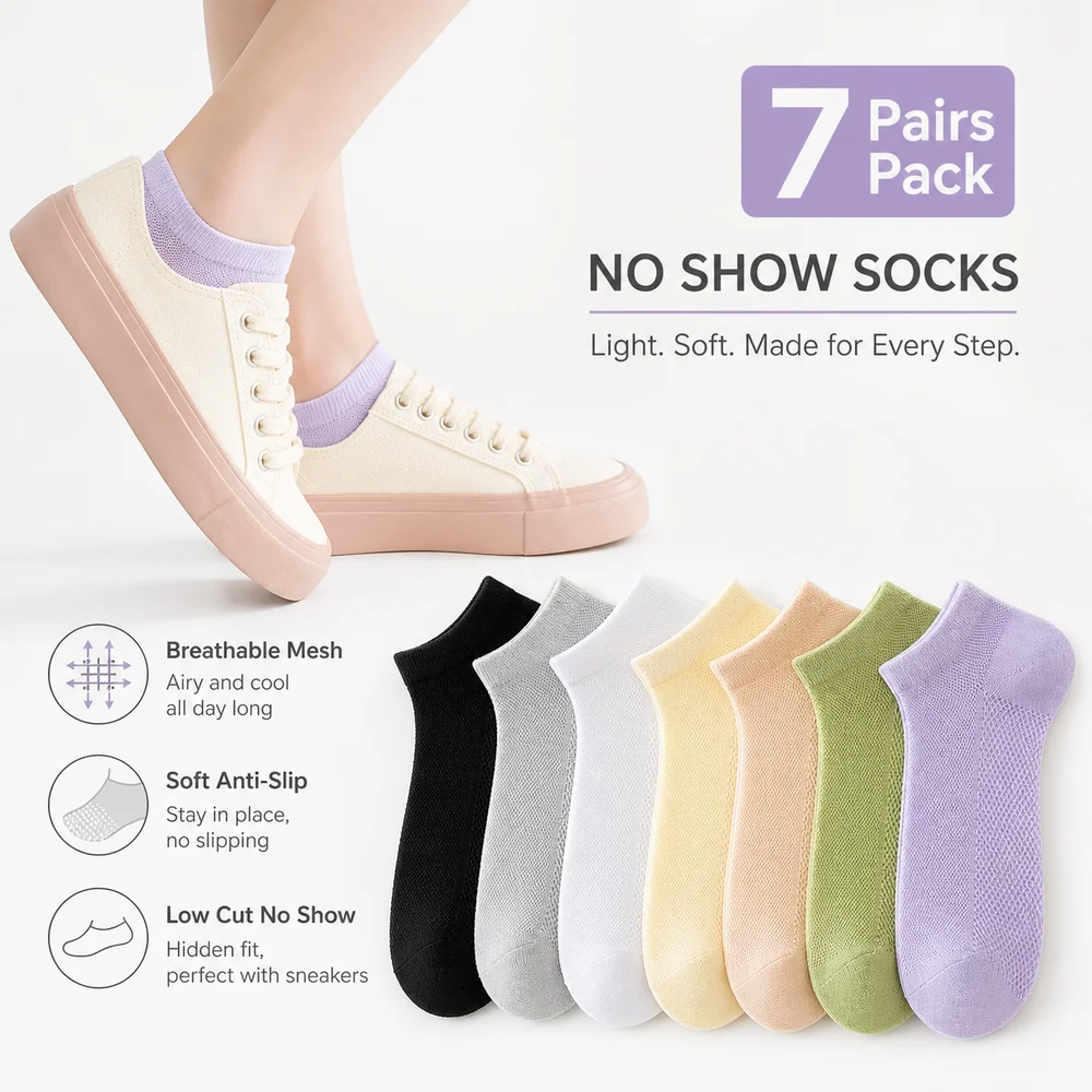 7 Pairs Pack New Solid Color Mesh Short Socks Thin Breathable Ankle Socks Soft Anti-Slip Liner Socks for Women