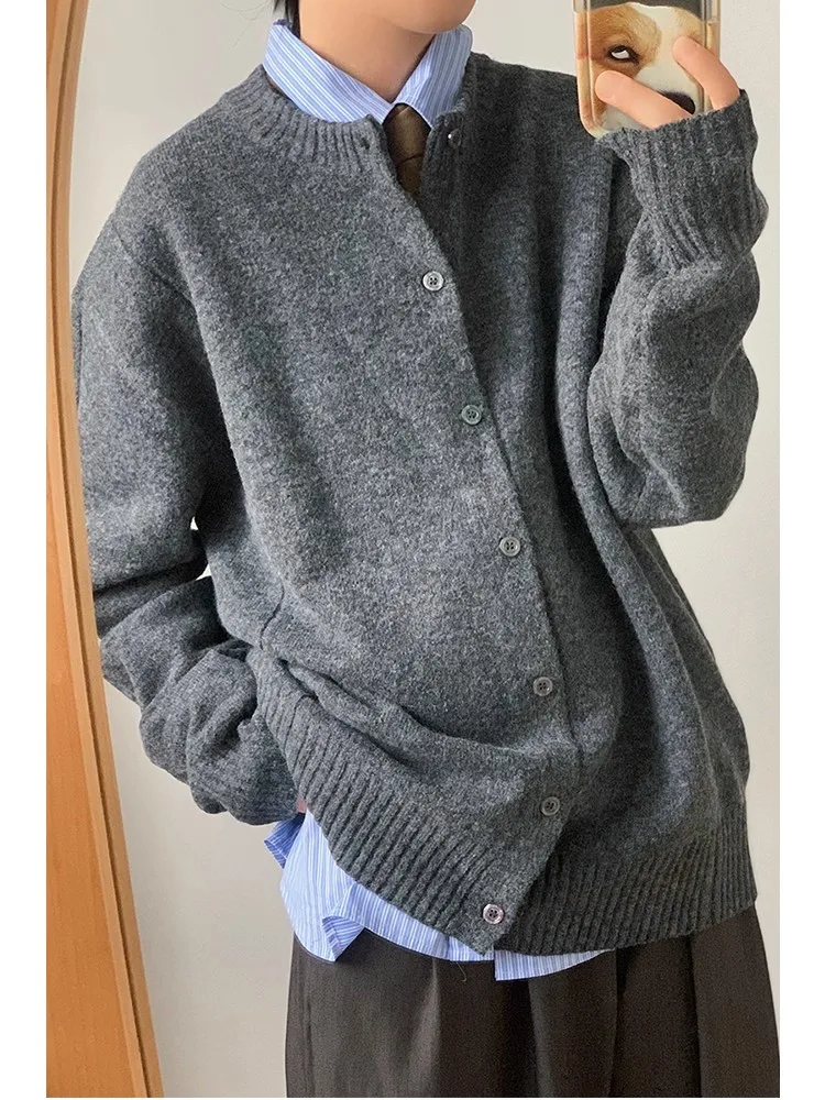 

Autumn Winter New Sle Wool Blend Knitted Cardigan Sweater Men's round Ne Heavyweight Lazy Sle Warmth Tead Coat Trendy