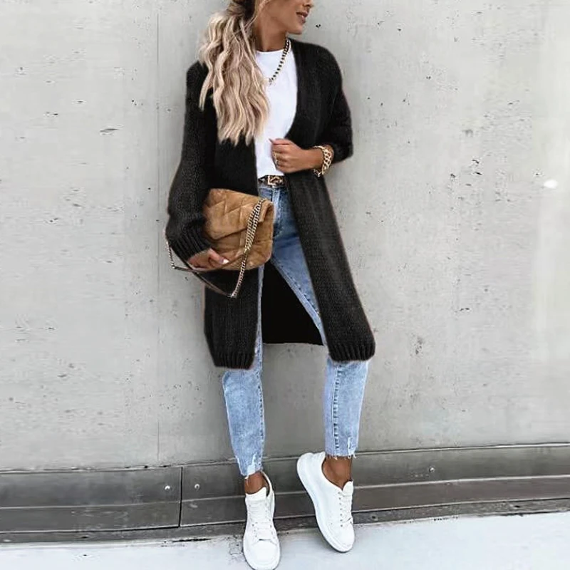 Women Casual Long Sleeve Knitted Cardigan Autumn Elegant Loose Solid Color Sweater Coats Winter Fashion Straight Midi Outerwear