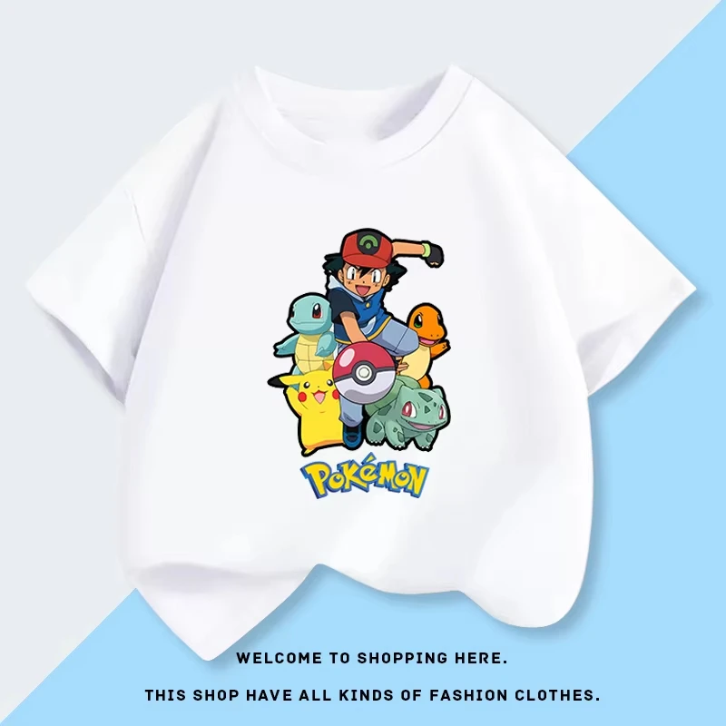 

2025 Summer New Pikachu Pattern Printed Unisex Children's Short Sleeved Cotton Fashionable Casual Short Sleeved Gift
