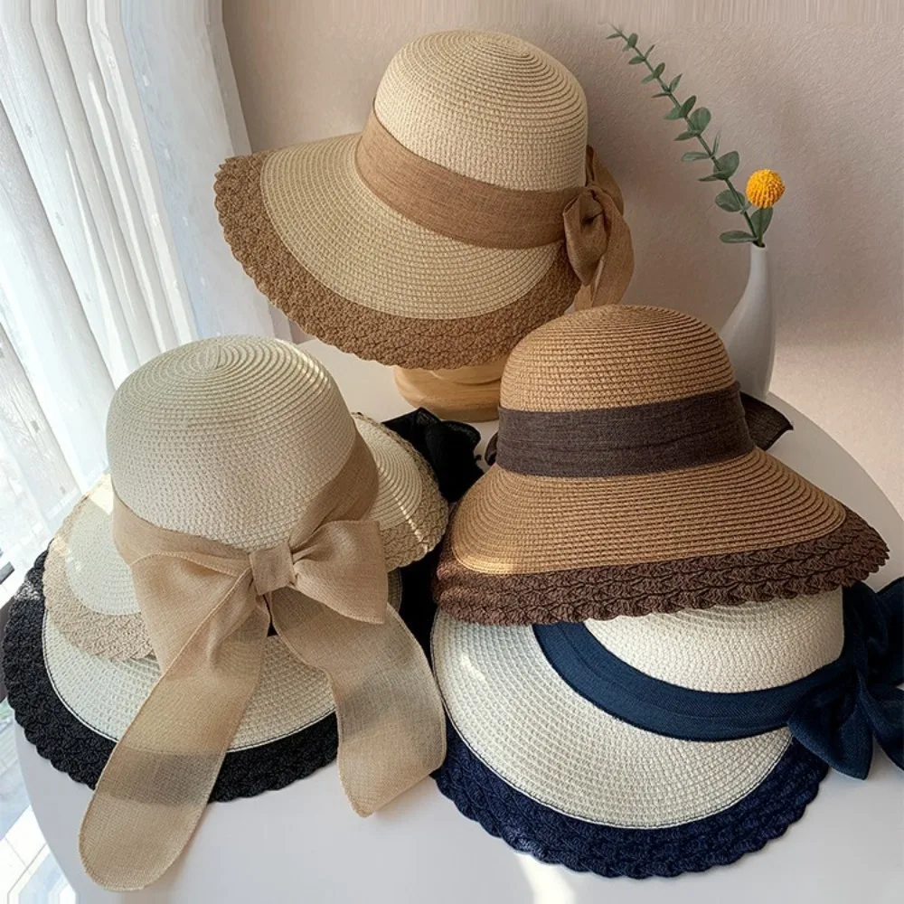 Portable Straw Weaving Beach Hat Hollow Out Breathable Big Brimmed Woven Cap Soft French Style Bow Fisherman Cap Hiking