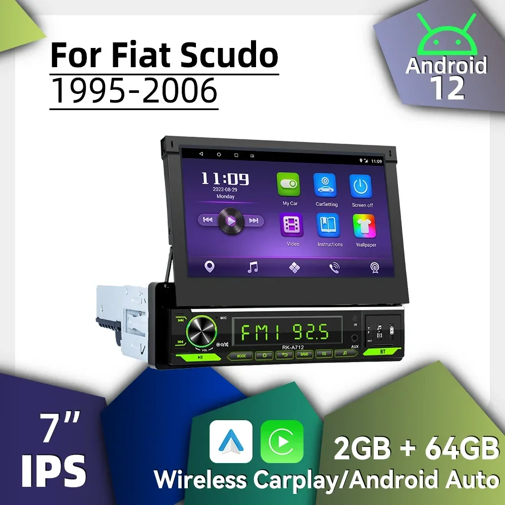 7 "Retractable หน้าจอ CarPlay Android Auto Android รถมัลติมีเดีย 1 DIN วิทยุสําหรับ Fiat Scudo 1995-2006 สเตอริโอหน่วย GPS WIFI