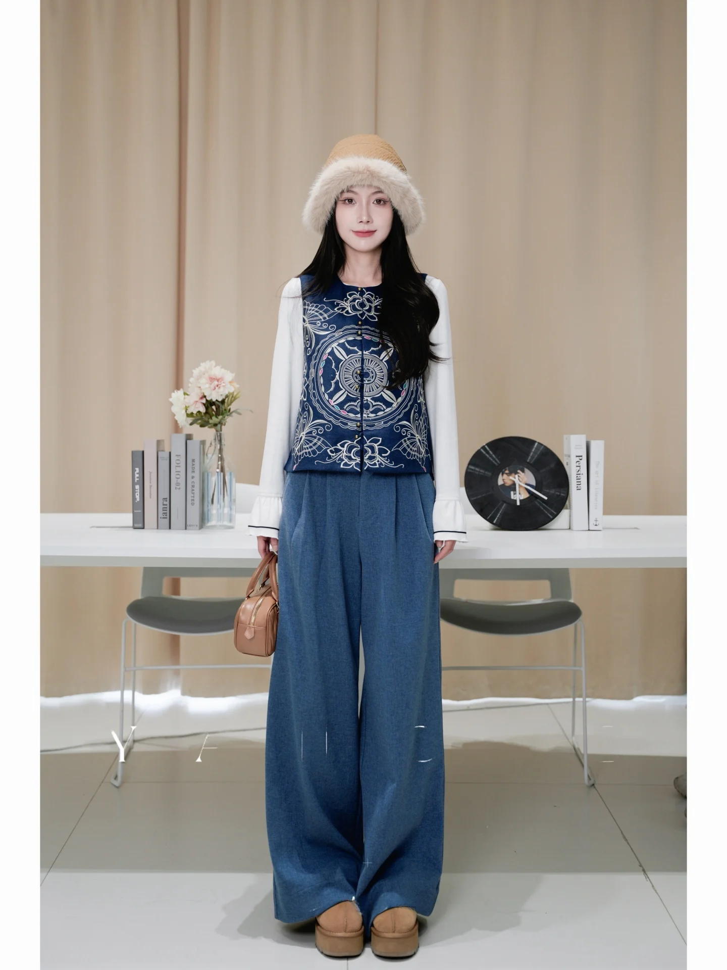 

New Chinese Sle High Waist Loose Straight Leg Pants Women's Autumn Winter Drapey Wide Leg Trousers Blue Cloud e