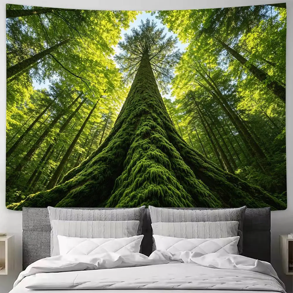 Forest Tree Canopy Tapestry, Low‑Angle View Giant Mossy Tree Wall Hanging, Lush Green Wilderness Nature Scenery Tapestry Decor