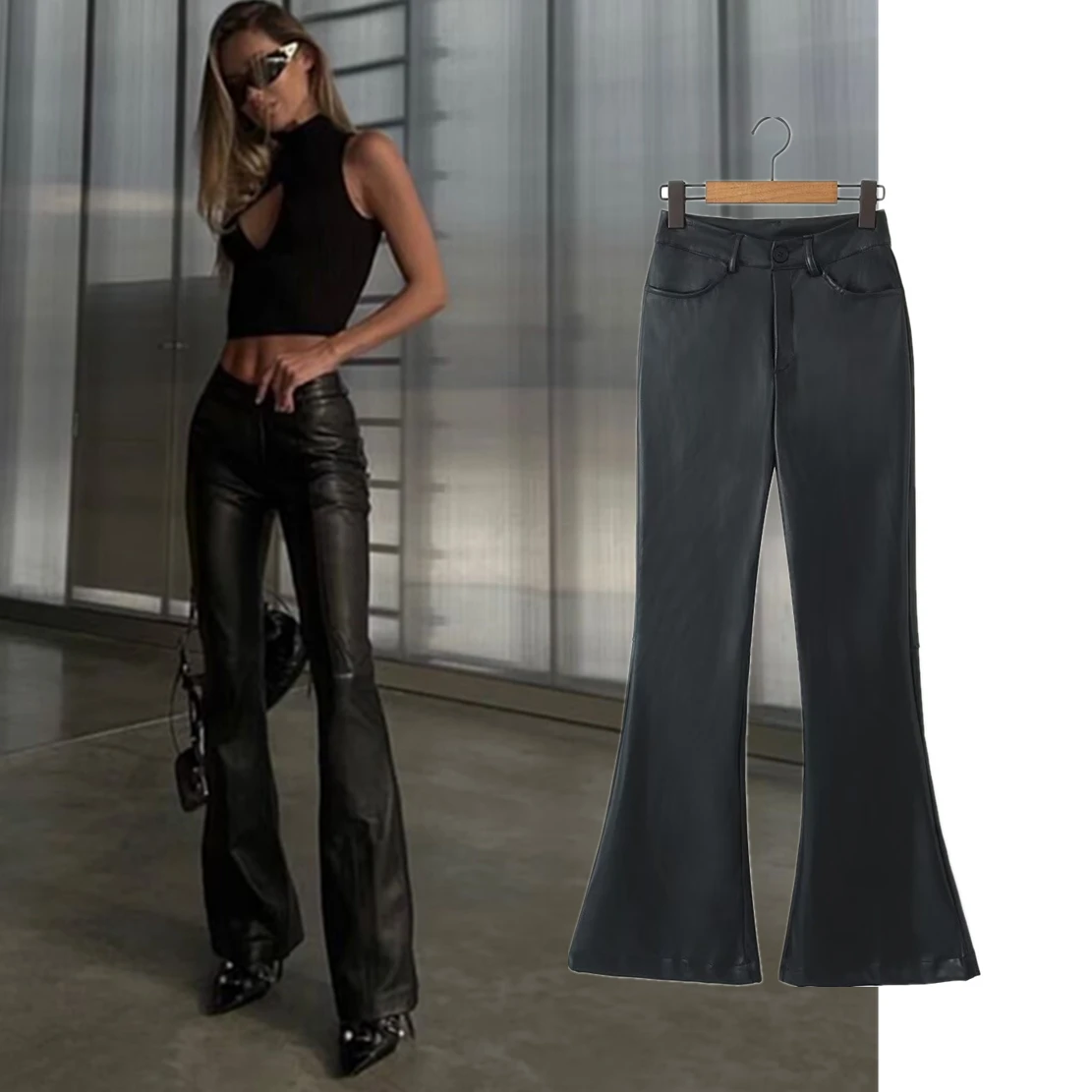 

Dave&Di Fashion Blogger High Street Punk Style Zippered Split Pants Retro Leather Flare Pants Casual leather Trousers Women