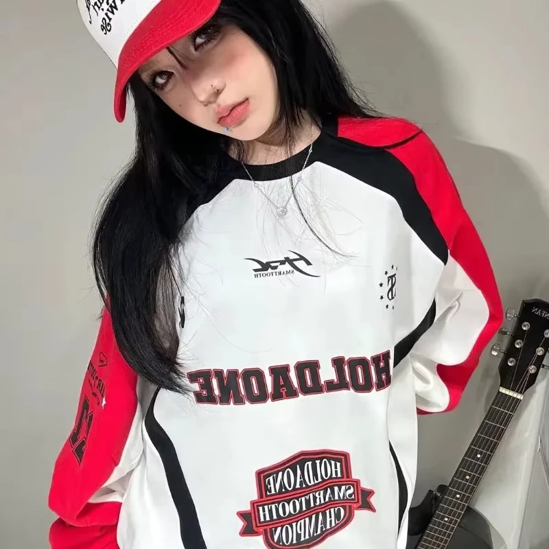 American Retro Stitching Sweatshirt Contrasting Color O-neck Raglan Sleeves Shirt for Men Women Oversize Street Niche Loose Top