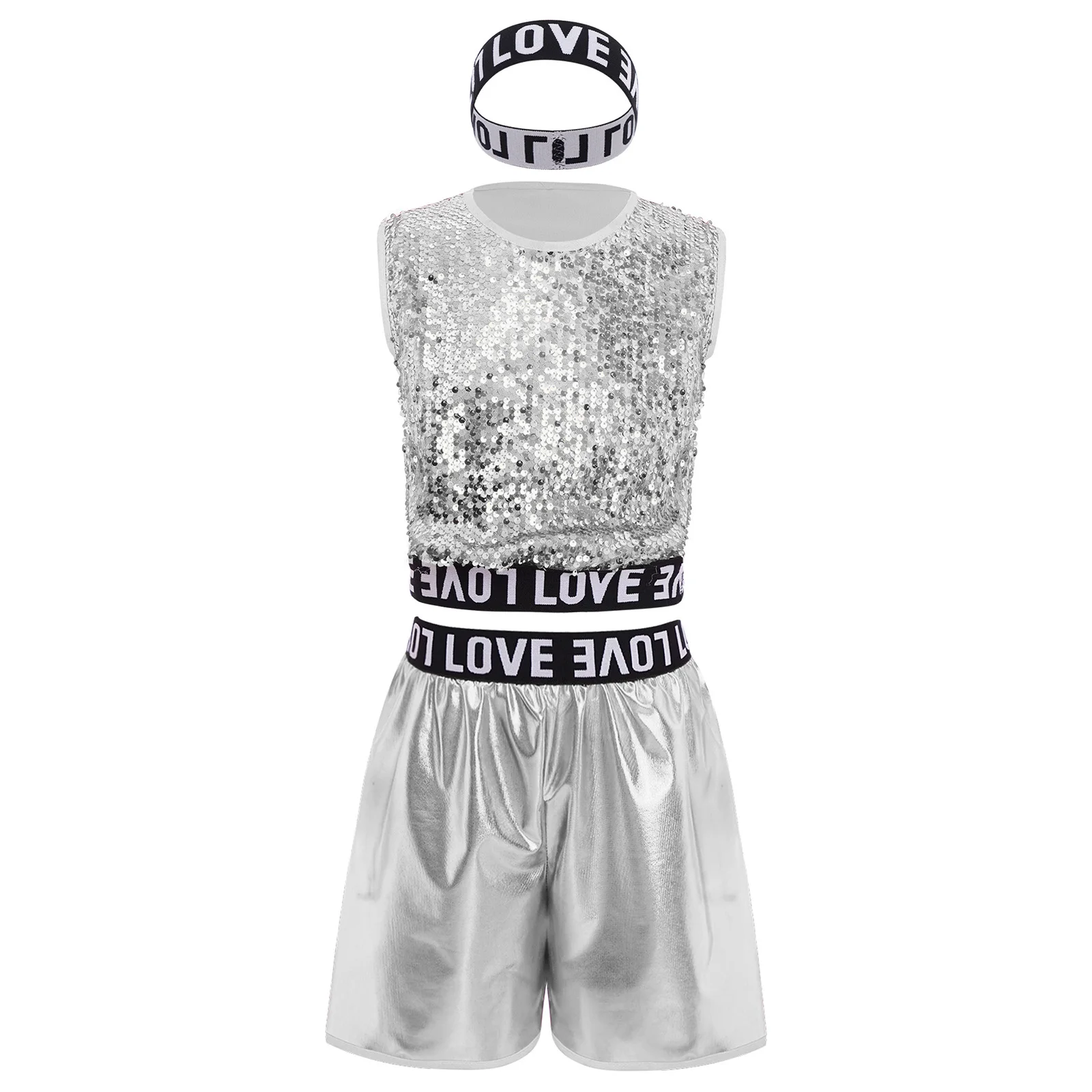 

Kids Boys Hip Hop Dance Costume 3 Piece Set Sequined Vest with Metallic Shorts And Headband for Jazz Dance Stage Performance