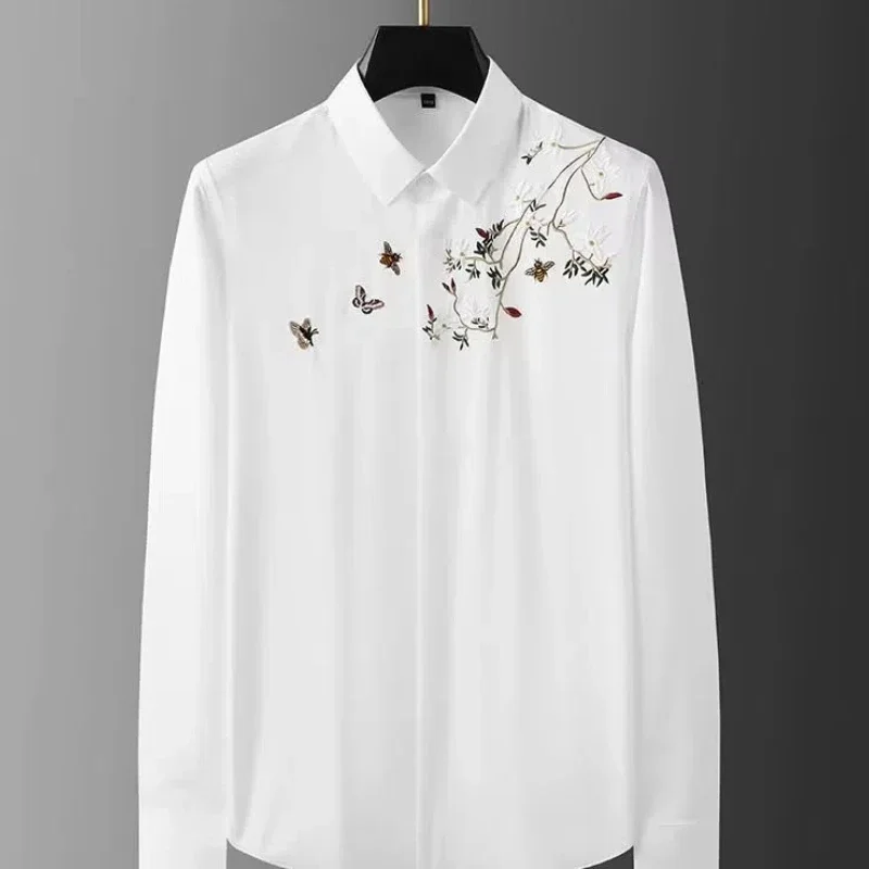 

LIBIELIY Chinese Style Men Shirts New Autumn Lapel Embroidery Button Trend Fashion Temperament Office Social Loog Sleeve Slim Sh