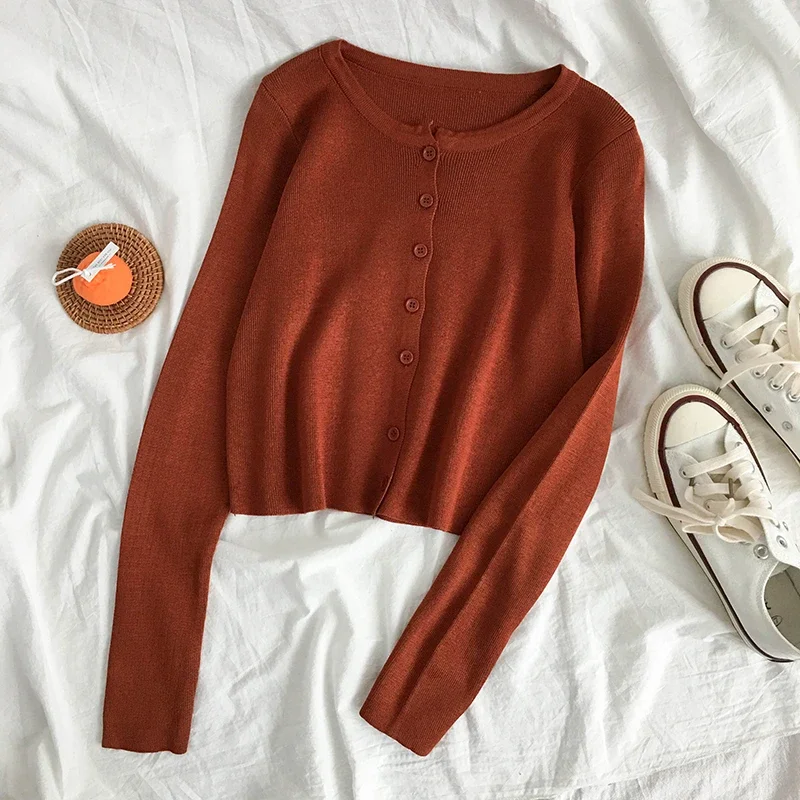 Spring Autumn Knitted Cardigans Women Long Sleeve Buttons Front Vintage Cardgian Top Classic Style Simple Soild Color Chic