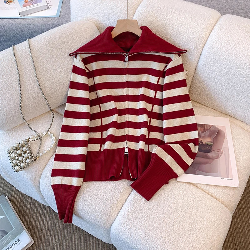 EWQ Casual Style Big Lapel Striped Knit Cardigan Thick Double Zipper Design Fashion Women Sweater Coat 2024 Winter New 27X9261