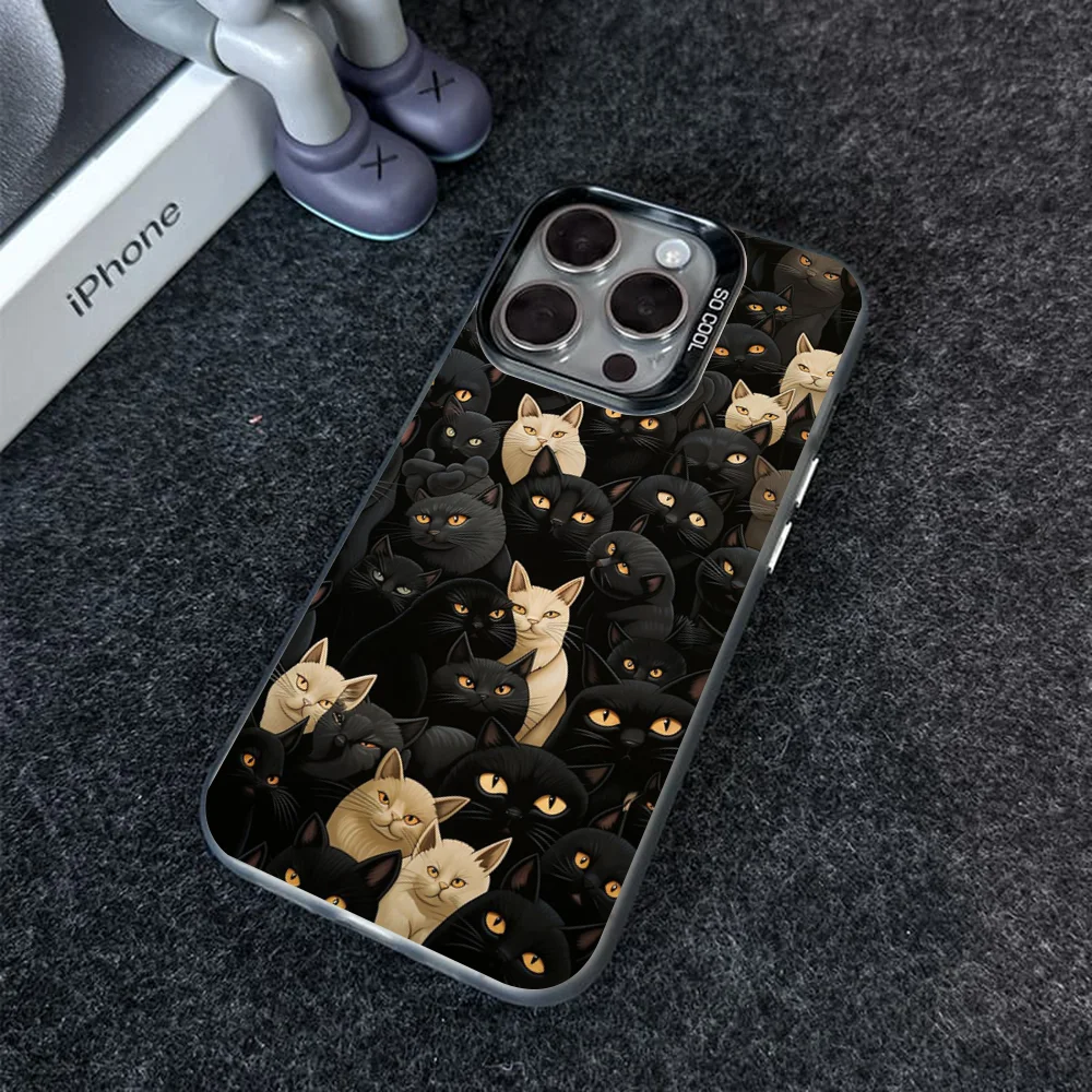 Black Cat Art Phone Case IMD Color Silver Shell For IPhone 16 15 14 13 12 Pro Max Plus
