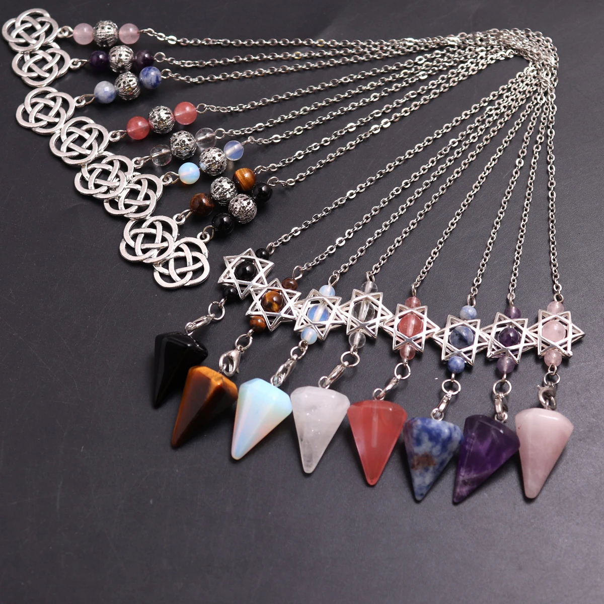 1PC Hexagonal Pointed Natural Stone Quartz Gemstone Divination Amulet Crystal Pendant Pendulum Pendant Necklace for Women Men