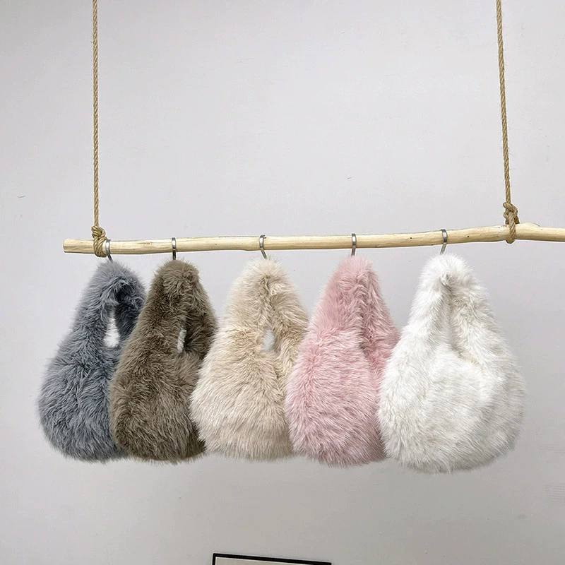 New Fashion Soft Plush Top Handle Bags Women Designer Wrist Knot Fluffy Faux Fur Lady Handbags Luxury Small Tote Female Wallet