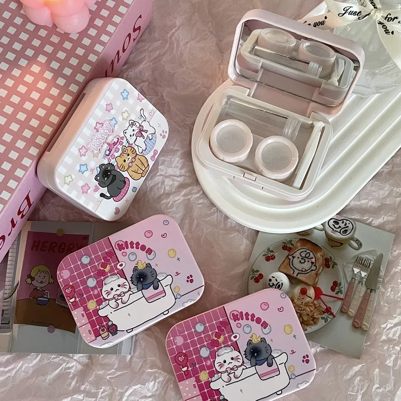 Cute Kitten Contact Lens Case With Mirror Compact Contact Lens Care Box For Women Portable Beauty Pupil Container Travel Kits