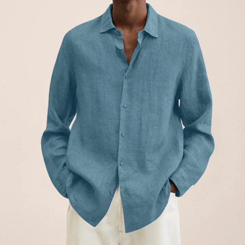 Spring Fashion Men Long Sleeve Shirt Cotton Solid Color Lapel Loose Shirt Tops Casual Handsome Men's Shirts