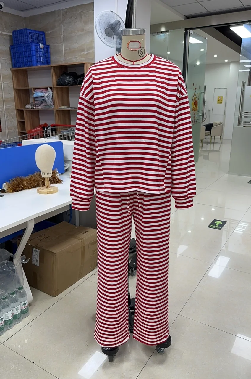 

Women's Fall Pants Set Stylish Striped Crew Neck Long Sleeve Tops and Straight Leg Pants 2 Pcs Set