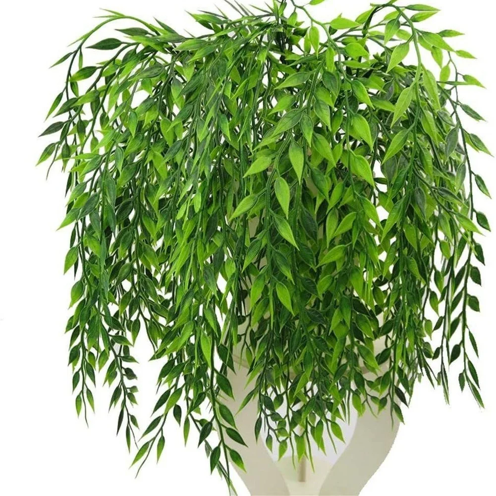 Green Weeping Tree Branches Made of Plastic with Realistic Leaves for Wall Hanging Indoor Outdoor Decoration Use