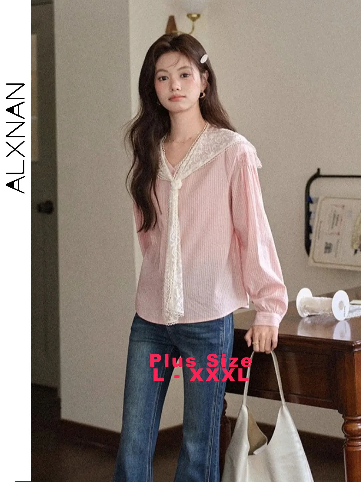 

ALXNAN Plus Size Women's Shirt Pink Striped V-neck Cotton Long Sleeve Blouses Autumn Office Lady Loose-fit Top with Shawl D12719