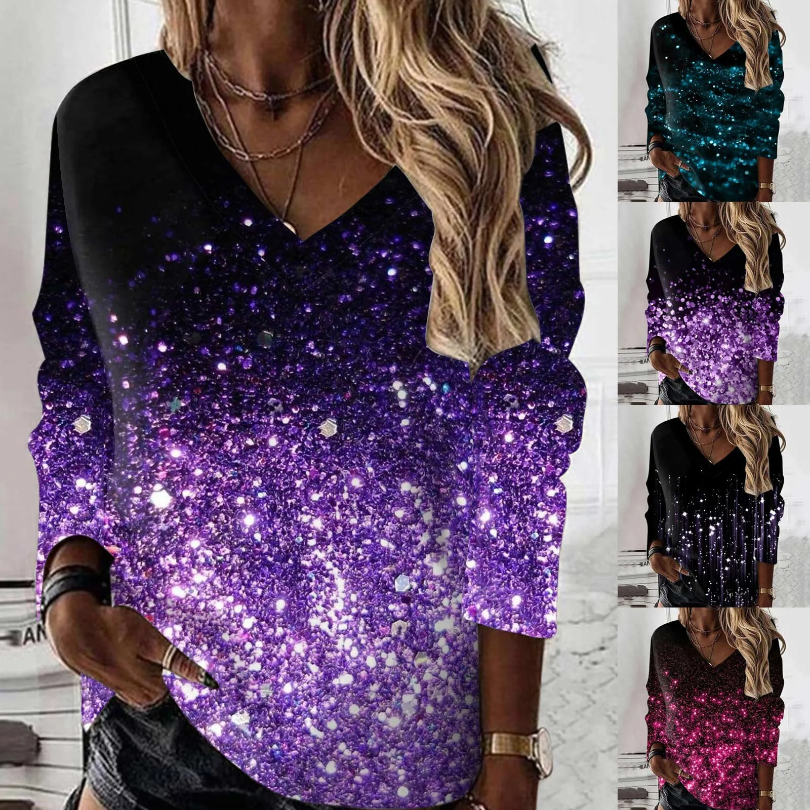 Long Sleeve T Shirts Women Glitter Print V Neck Ladies Large Size Loose Tunic Tops Pullovers Female 2024 Streetwear Tee Shirts