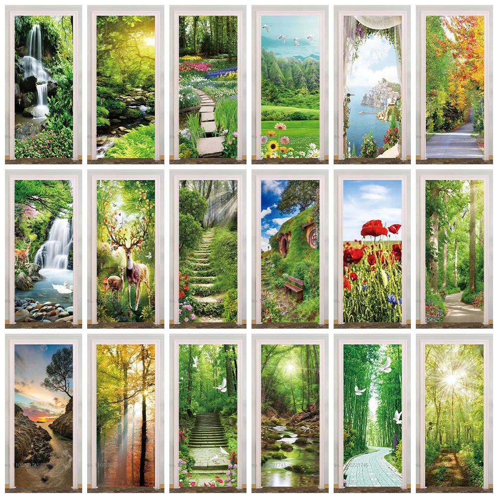 

Jungle Forest Landscape Door Sticker Wallpaper 3D Pathway Pigeon Scenery Apartment Decor Bedroom Door Wrap Cover Decal