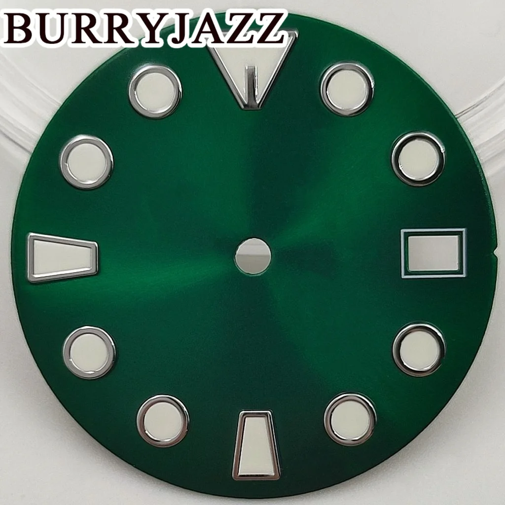 BURRYJAZZ 28,5mm sin logotipo NH35 esferas de reloj esfera verde luminosa ajuste las 3 en punto 3,8 en punto corona de la caja